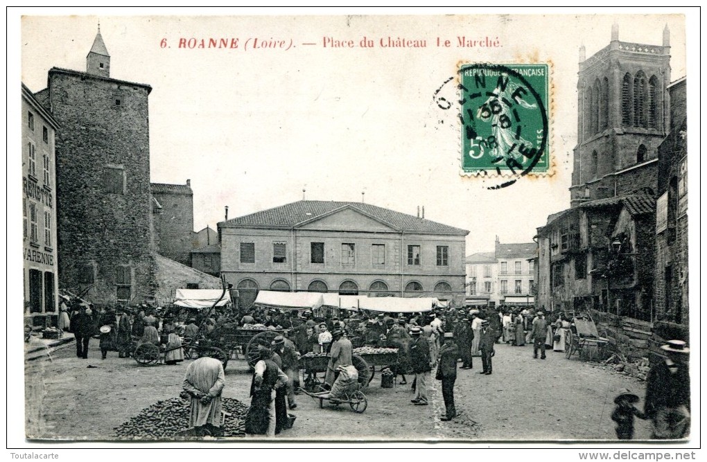 CPA 42 ROANNE PLACE DU CHATEAU LE MARCHE 1908 - Roanne