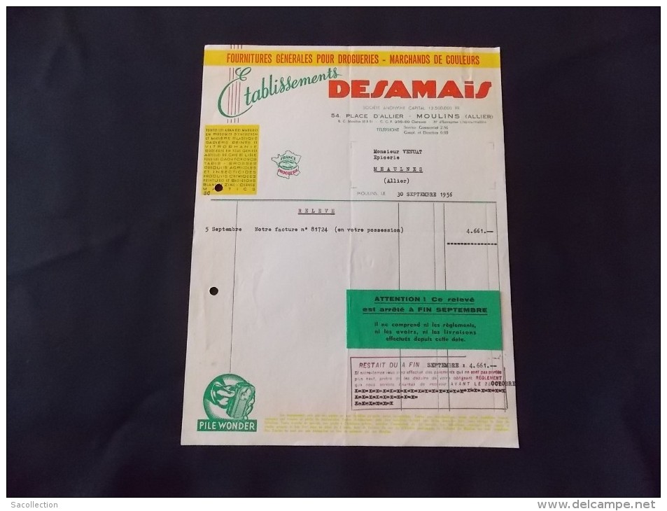 Moulins Desamais Fournitures Générales Pour Drogueries Marchands De Couleurs 1956 Adressé à Meaulnes - Droguerie & Parfumerie