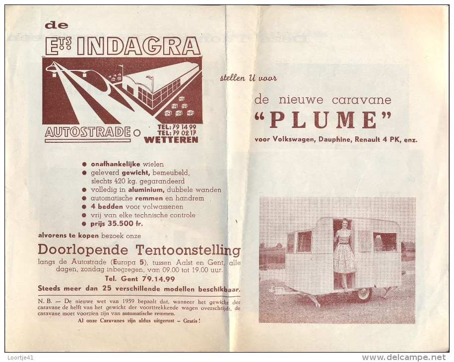 Pub Reclame Ets Indagra - Caravans - Caravane Plume - Wetteren 1959 - Publicités