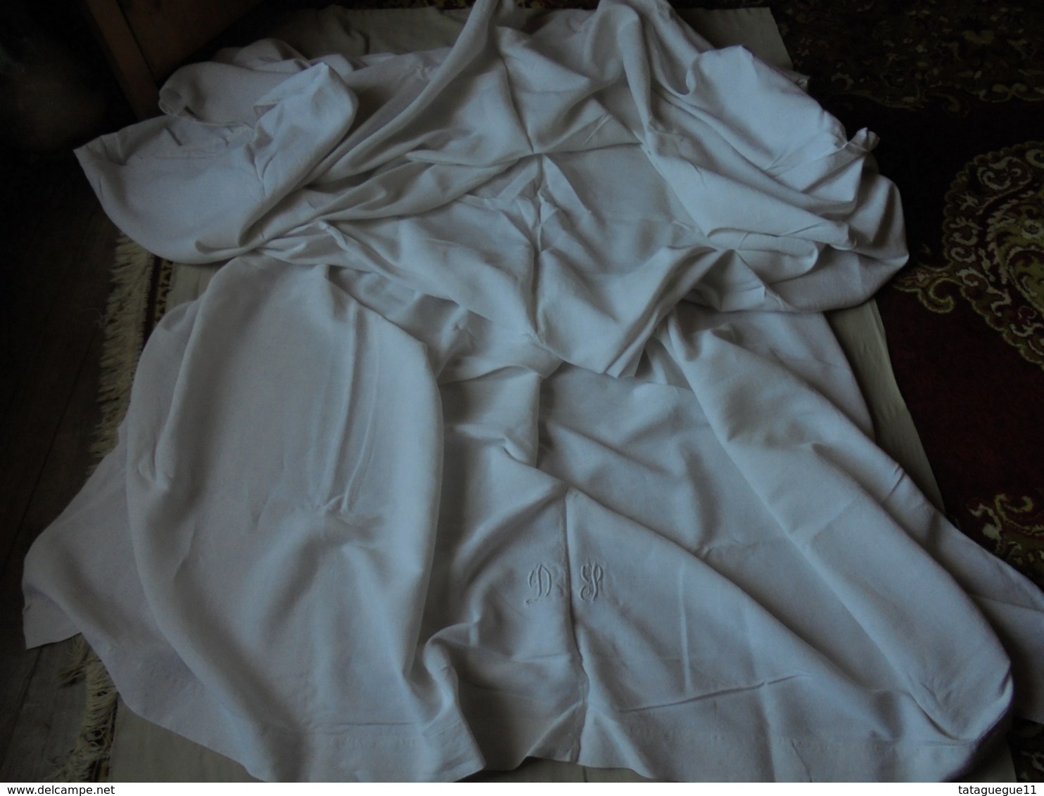 Ancien - Grand Drap Blanc (2 Pans Réunis) Monogramme DS - Bed Sheets