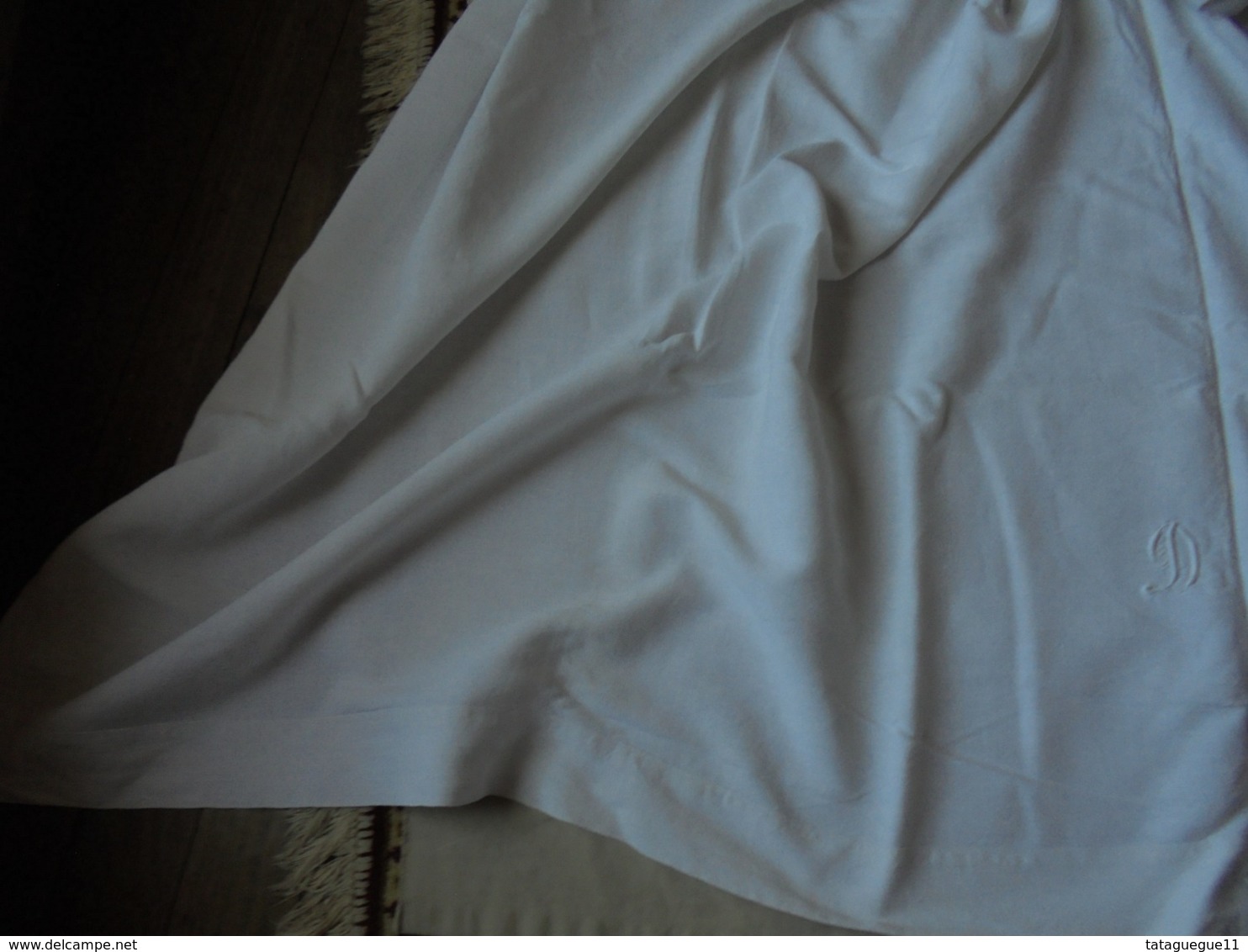 Ancien - Grand Drap Blanc (2 Pans Réunis) Monogramme DS - Draps/Couvre-lits