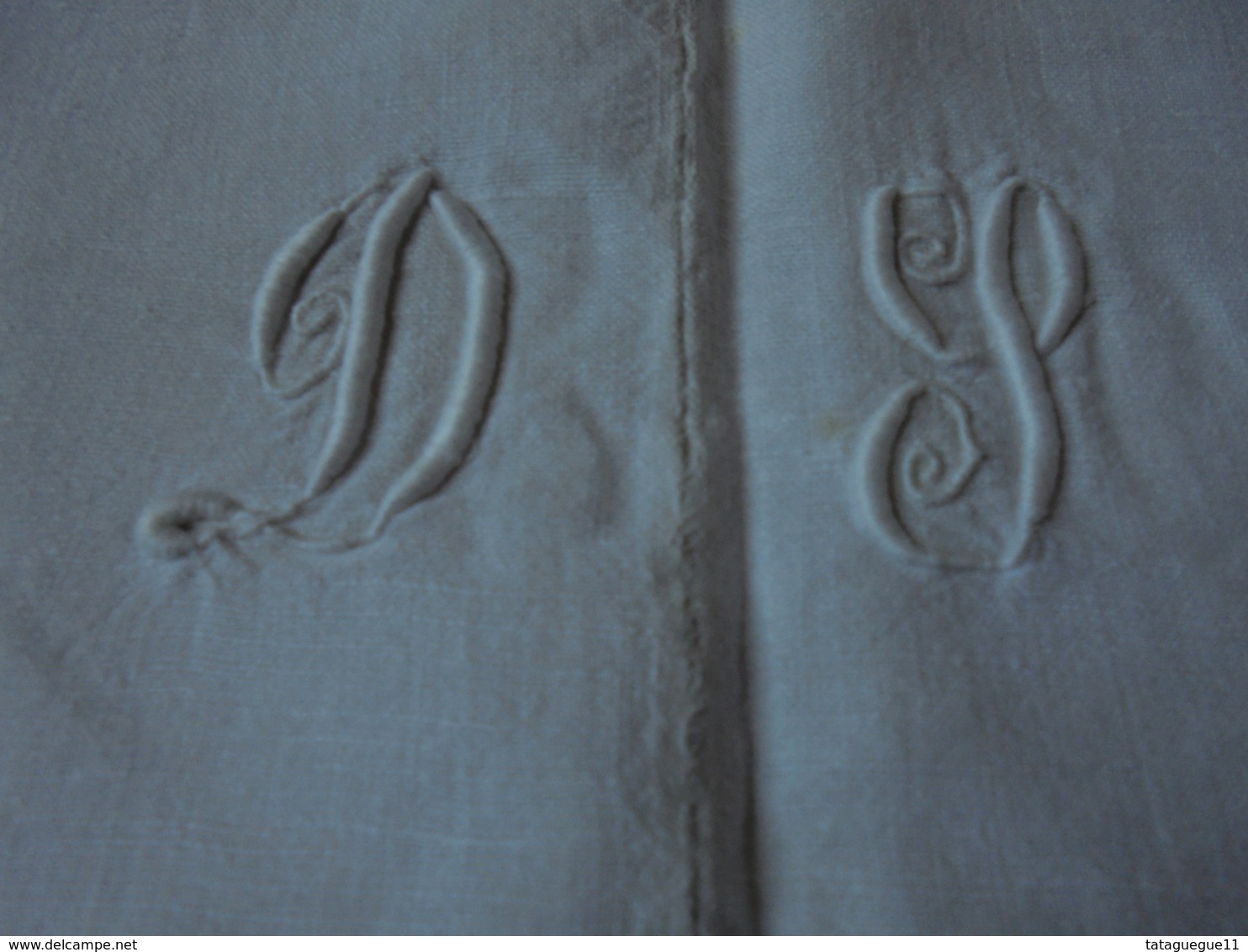 Ancien - Grand Drap Blanc (2 Pans Réunis) Monogramme DS - Draps/Couvre-lits