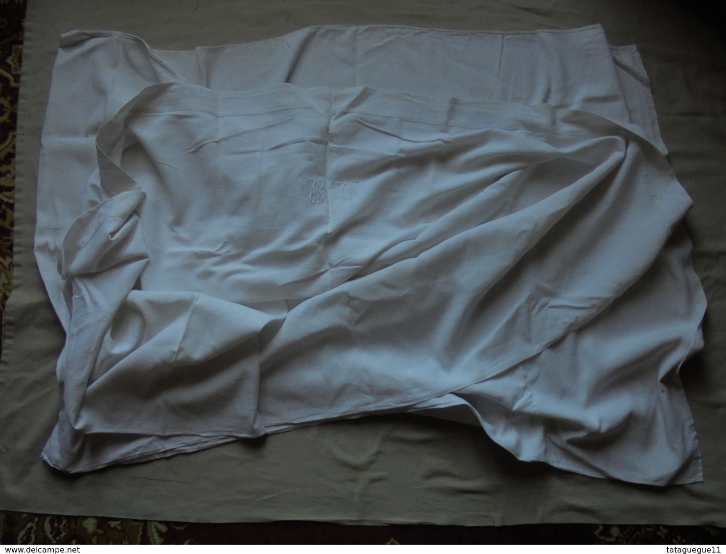 Ancien - Grand Drap Blanc (2 Pans Réunis) Monogramme DS - Lenzuola/Copriletti