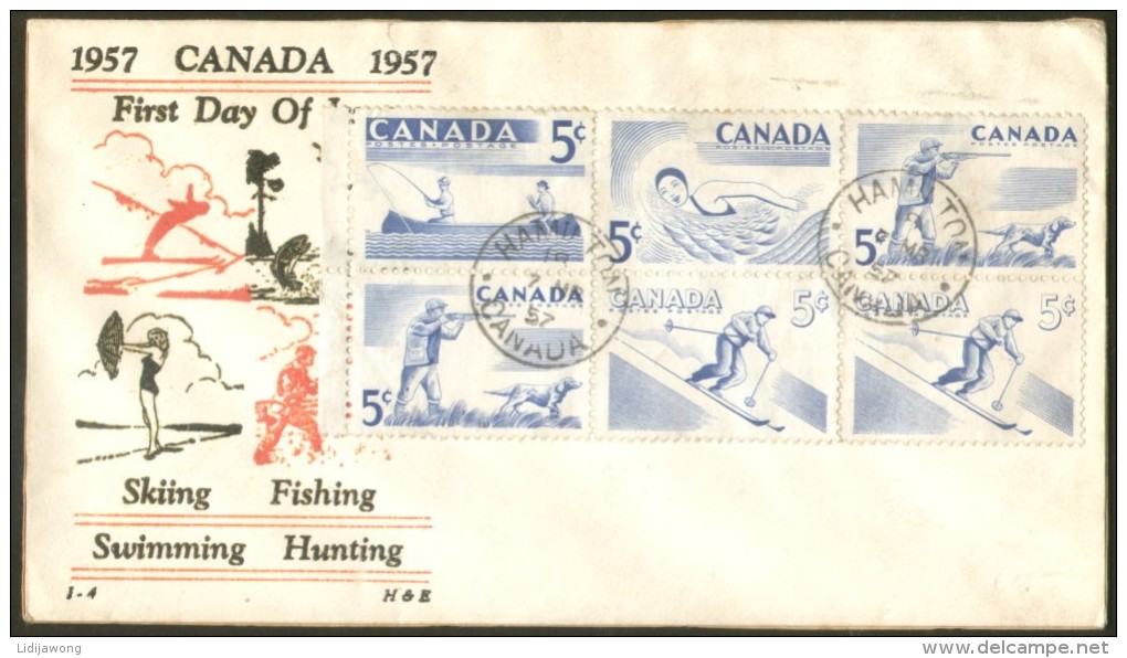 1957 Canada FDC Skiing Fishing Swimming Hunting ONLY FRONT Cover - 1952-1960