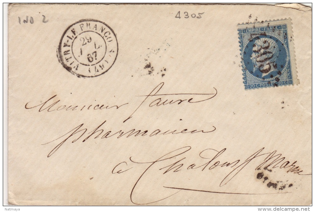 MARNE- Vitry Le Francois - Enveloppe -CAD-Type15-Obliteration Grand Chiffre 4305- 1867 - 1849-1876: Période Classique