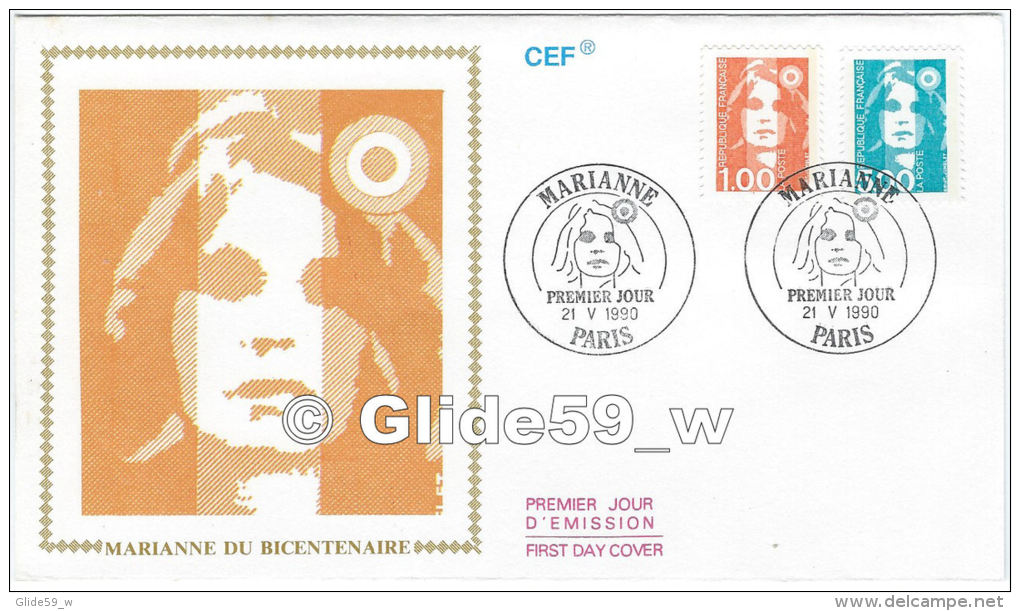 FDC - Premier Jour D´Emission (CEF) - Marianne Du Bicentenaire - Paris - Premier Jour 21 V 1990 (1 F + 5 F) - 1990-1999