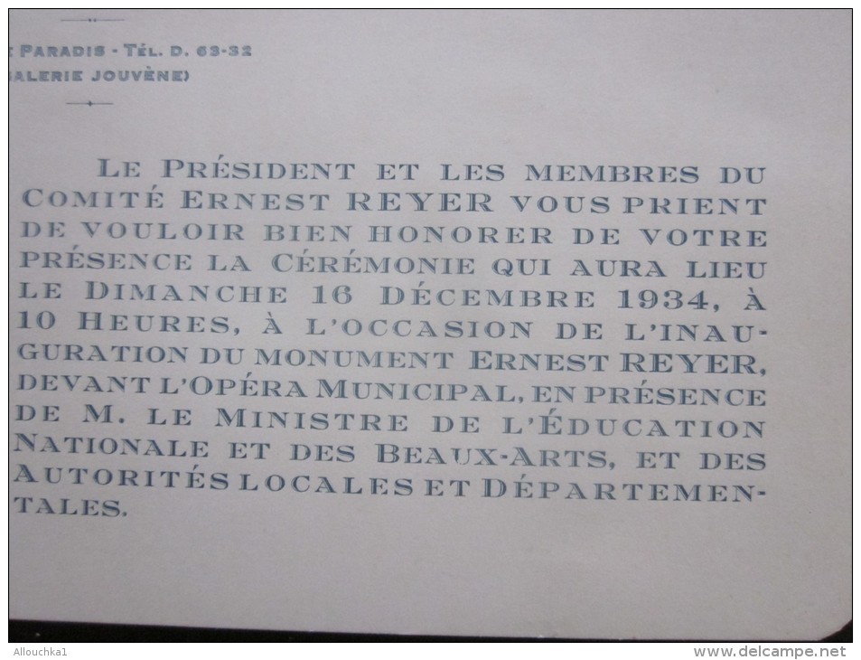 Faire Part Pour La Cérémonie Du Dimanche 16 Déc 1934 Comité Du Monument Ernest Reyer Inauguration Du Monument Marseille - Autres & Non Classés