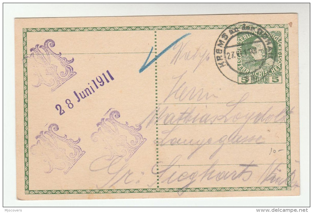 1911 AUSTRIA Krems An Der Donausamps Special ´28 June 1911´  Cachet On POSTAL STATIONERY CARD Cover Stamps - Covers & Documents