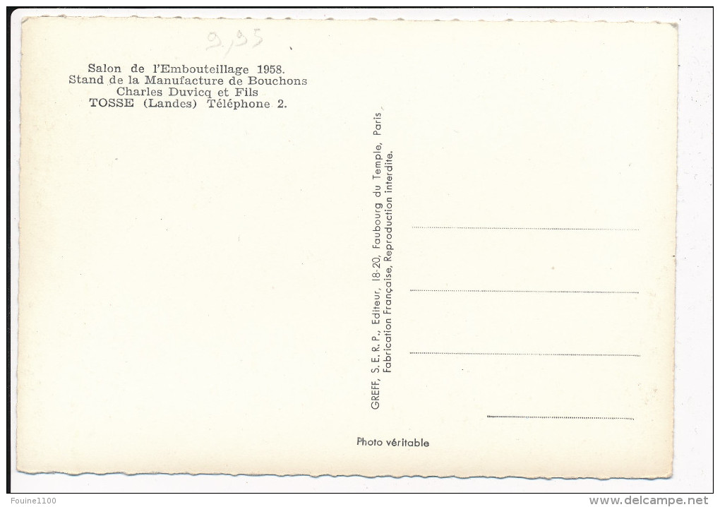 Carte ( Format 15 X 10,5 Cm ) De Tosse Salon De L' Embouteillage 1958 Manufacture De Bouchons Charles Duvicq Recto Verso - Autres & Non Classés