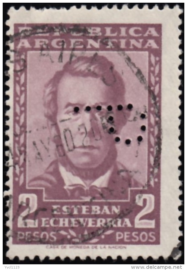 ARGENTINA - Scott # 666 Estaban Echeverria / Used PERFIN Stamp - Oblitérés