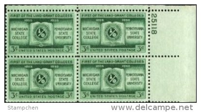 Plate Block -1955 USA Michigan State Penn State Land Grant Colleges Stamp Sc#1065 Book - Numéros De Planches