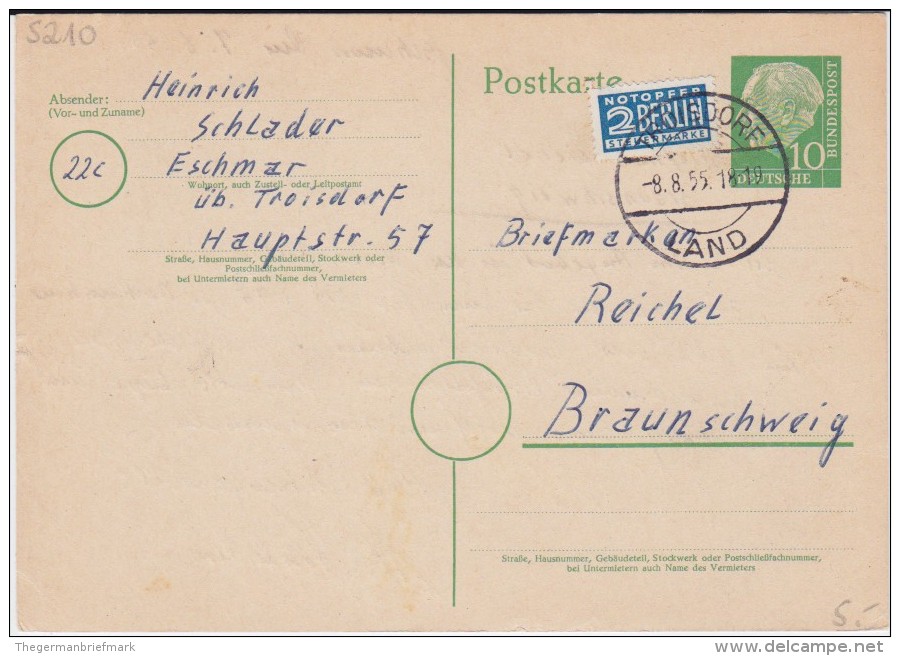 Bund Heuss Gzs P 26 Ohne Landpost Stempel Eschmar Troisdorf Land 1955 - Postcards - Used