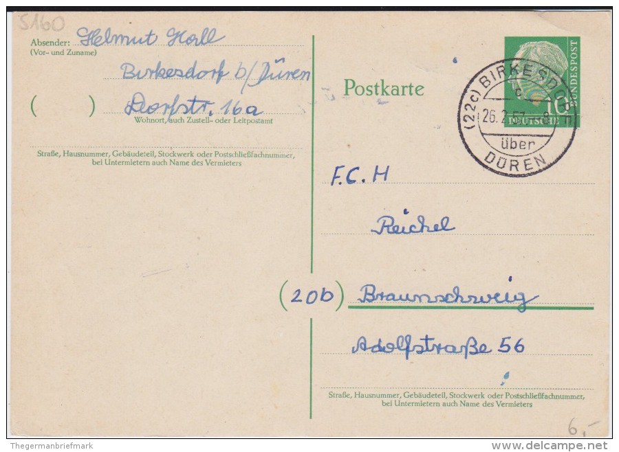 Bund Heuss Gzs P 31 PSt I Stempel Birkesdorf ü Düren 1957 (2) - Postcards - Used