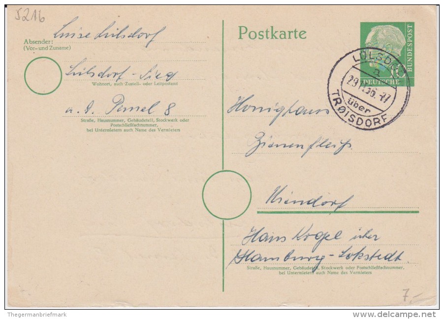 Bund Heuss Gzs P 26 PSt I Stempel Lülsdorf ü Troisdorf 1956 - Postcards - Used