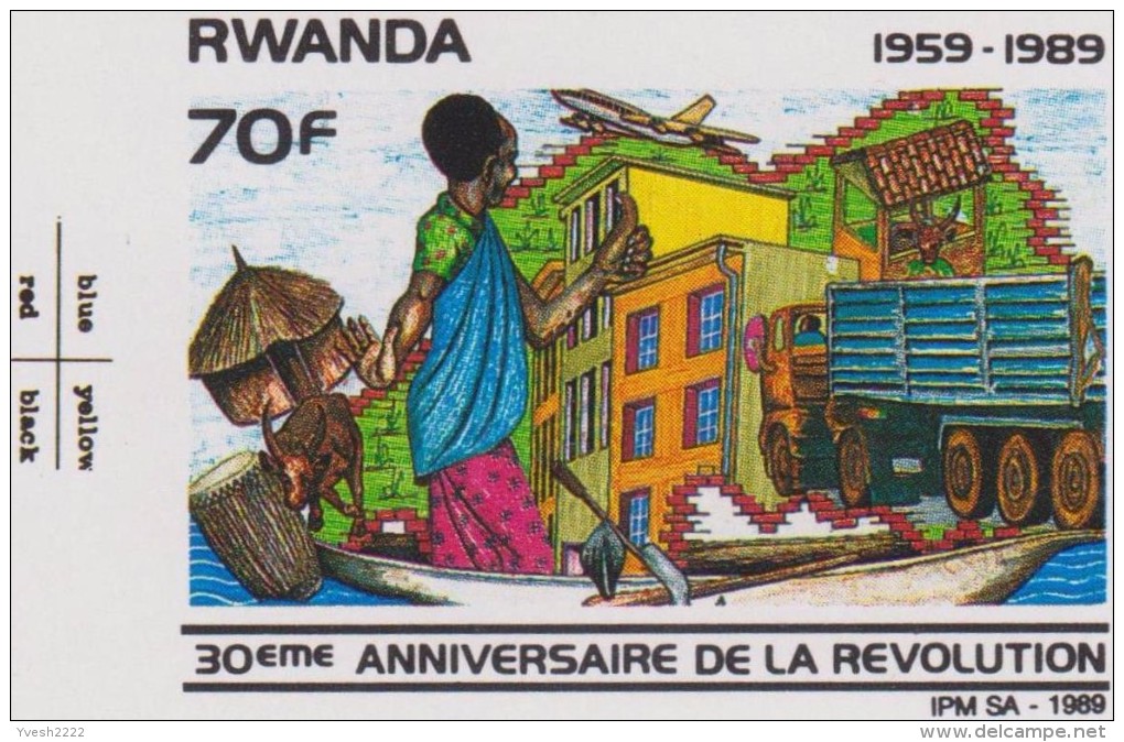 Rwanda 1989 COB 1360/3. Épreuve Collective, Avec Instructions Techniques. Révolution. Noeud, Tamtam, Camion, Vache, Eau - Agriculture