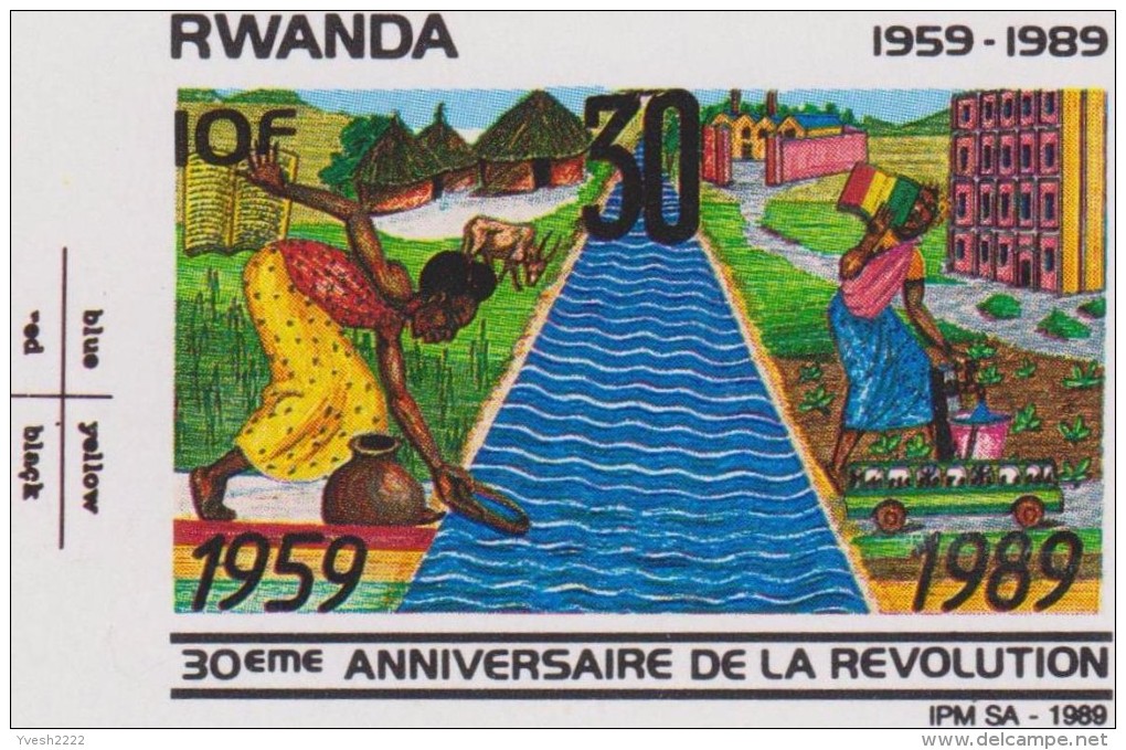 Rwanda 1989 COB 1360/3. Épreuve Collective, Avec Instructions Techniques. Révolution. Noeud, Tamtam, Camion, Vache, Eau - Agriculture