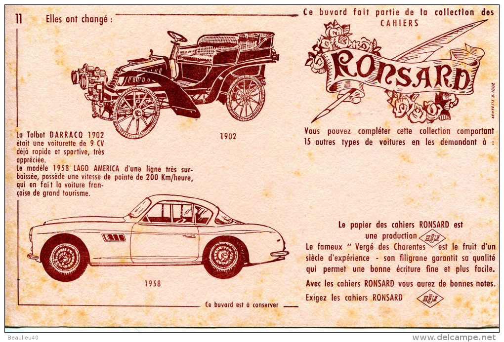 RONSARD   ELJ   N°11    VERGÉ DES CHARENTES     Automobiles Darrack 1902   Lago Amarica 1958 - Stationeries (flat Articles)