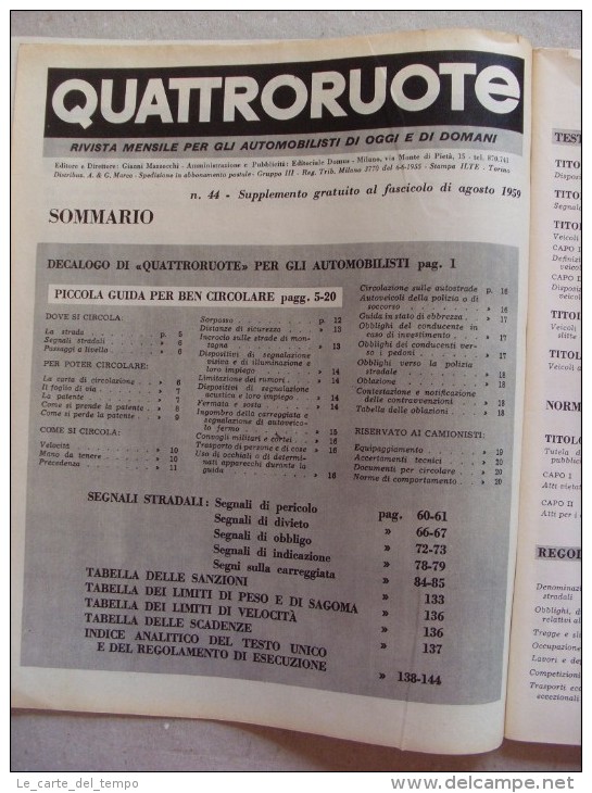 Supplemento Al Fascicolo Di Agosto 1959 QUATTRORUOTE (Codice Della Strada) - Engines