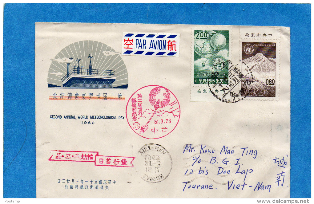 MARCOPHILIE-lettre  -Taiwan--cad-1962--pour  Viet Nam -2 Stamps N°318-9 Météorological - Lettres & Documents