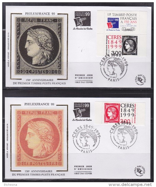 = 150è Anniversaire 1er Timbre Français 2 Enveloppes 1er Jour Paris 01.01.99 N°3211 Et 3212 Cérès Rouge Et Cérès Noir - 1990-1999