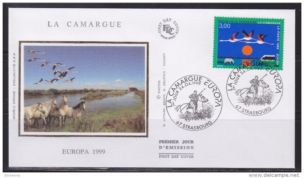 = Europa Enveloppe 1er Jour Strasbourg  24.04.99 N°3240 La Camargue Flamants Roses, Chevaux, Coucher De Soleil - 1990-1999