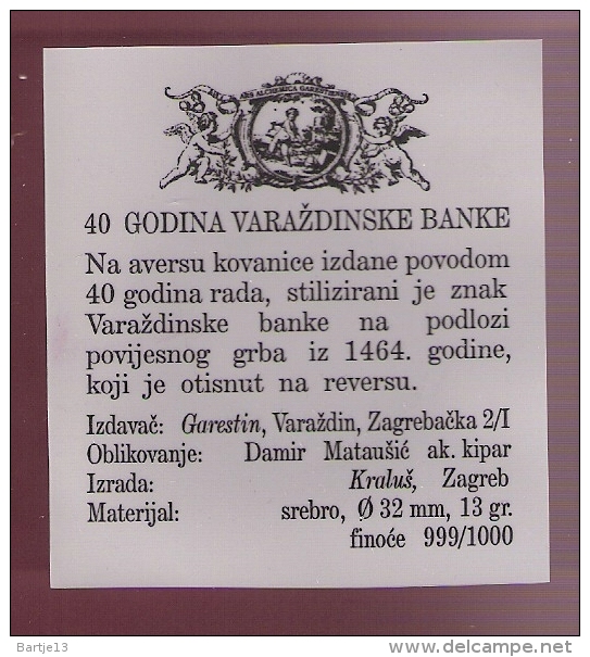 KROATIE PENNING ZILVER PROOF 40e VERJ. VARAZDINSKA BANKA 1956-1996 SCARCE - Croatie
