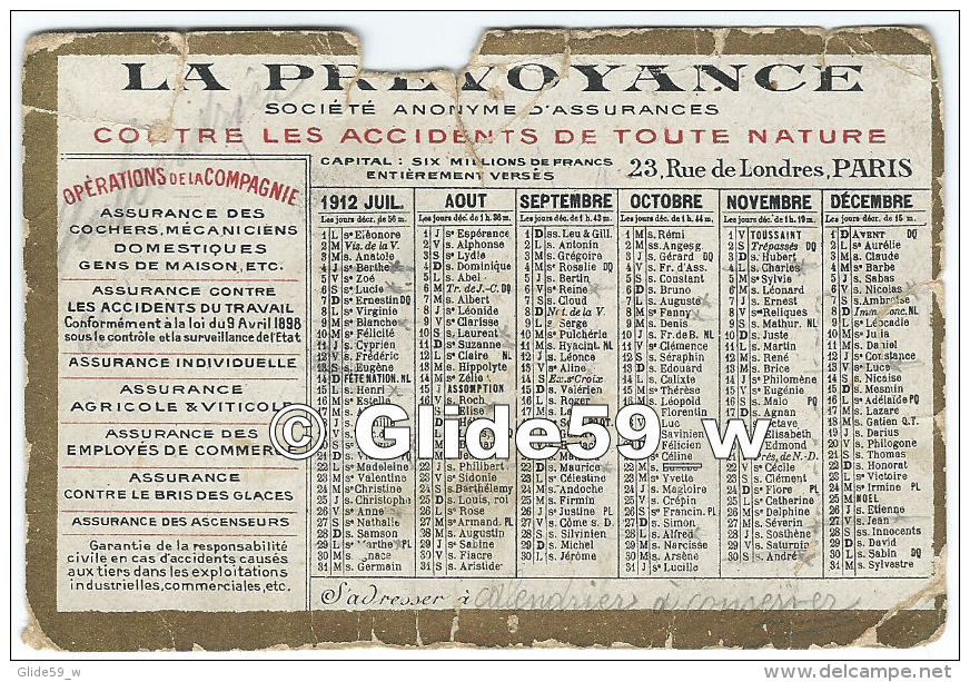 Petit Calendrier - La Prévoyance - Compagnie D'Assurances - 1912 - Formato Piccolo : 1901-20