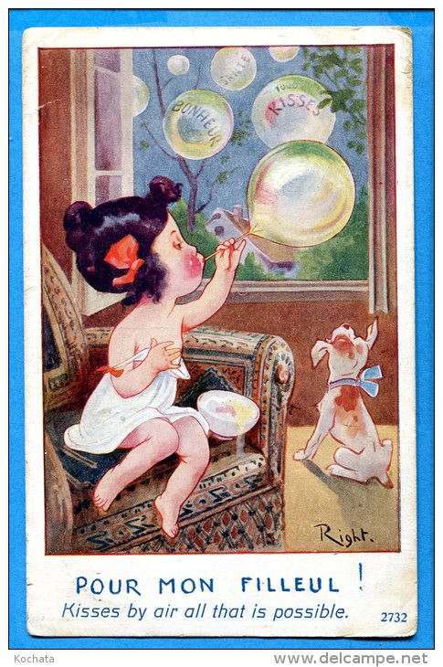 FR657, Kisses By Air All That Is Possible, 2732, 1 Fente, Chien, Dog, Bulle De Savon, Bonheur,  Circulée 1926 - Right