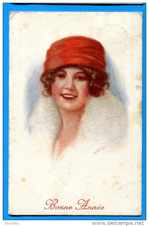 FR659, Femme Avec Un Chapeau Rouge Et Un Col De Fourrure, H. Fisher, Fantaisie,  Circulée - Fisher, Harrison