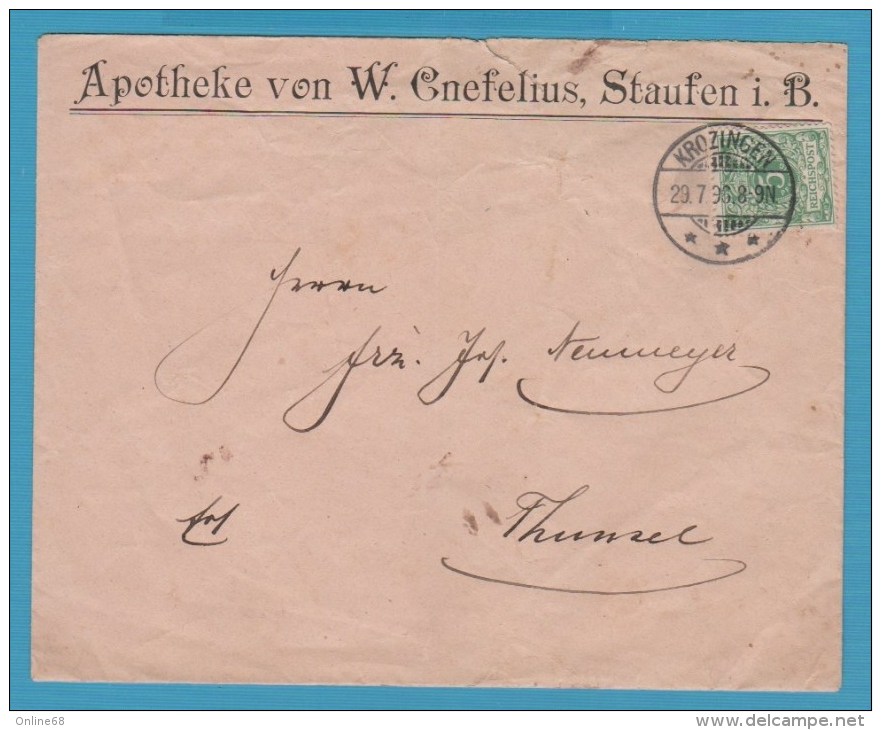 BRIEFUMSCHLAG APOTHEKE W.GNEFELIUS STAUFEN Im Br. 29.7.1896 - Non Classés