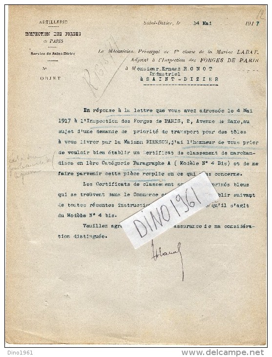 VP1511 - MILITARIA - Lettre - Artillerie Inspection Des Forges De PARIS - 1er Classe De Marine LABAT à  SAINT - DIZIER - Documents