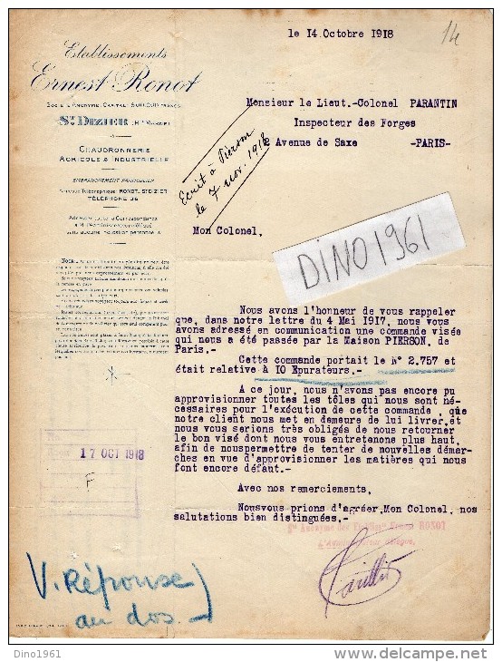 VP1514 - MILITARIA - Lettre  Ets E. RONOT à SAINT - DIZIER Pour Mr Le Lt Colonel PARANTIN Inspecteur Des Forges De PARIS - Documents