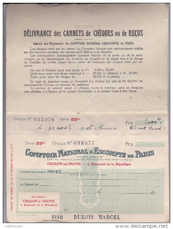 CARNET DE CHEQUES COMPTOIR NATIONAL D'ESCOMPTE DE PARIS 1946 - Cheques & Traveler's Cheques