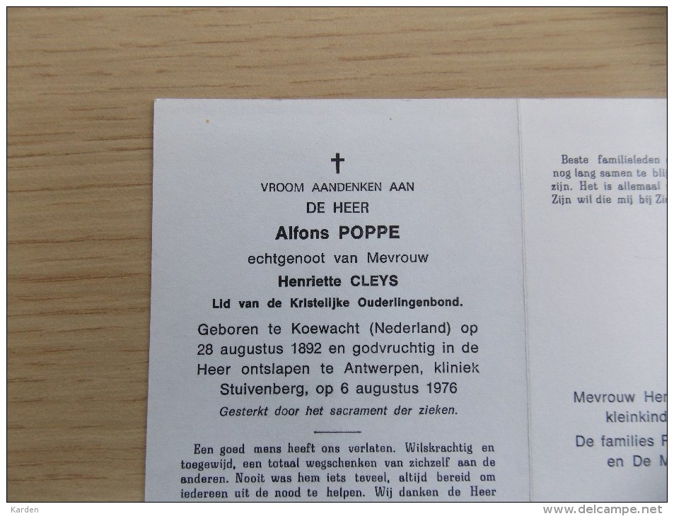 Doodsprentje Alfons Poppe Koewacht (N) 28/8/1892 Antwerpen 6/8/1976 ( Henriette Cleys ) - Religione & Esoterismo