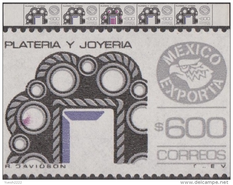 Mexique 1988 Y&T 1242. Bande De 5 Avec Erreur. Impression Lilas Défectueuse. Argenterie Et Joaillerie - Minéraux