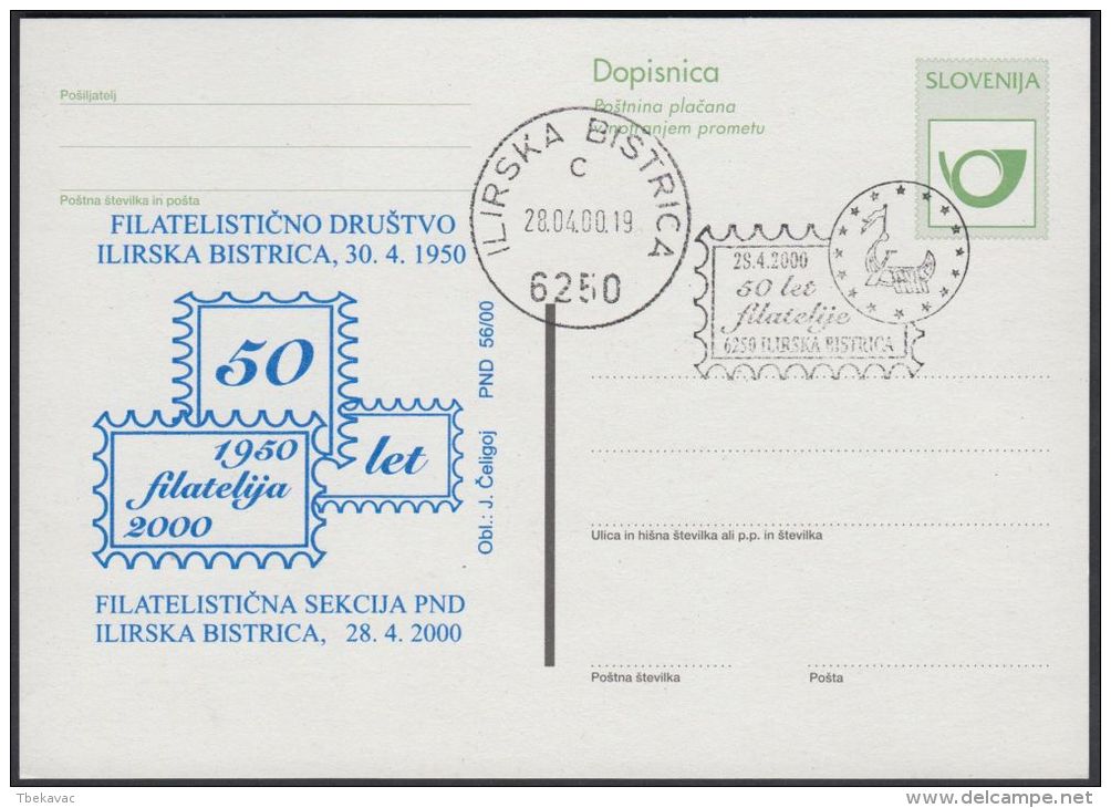 Slovenia 2000, Postal Stationery "50 Years Of Philatelic Exhibition" W./special Postmark "Ili. Bistrica 2000", Ref.bbzg - Slovénie