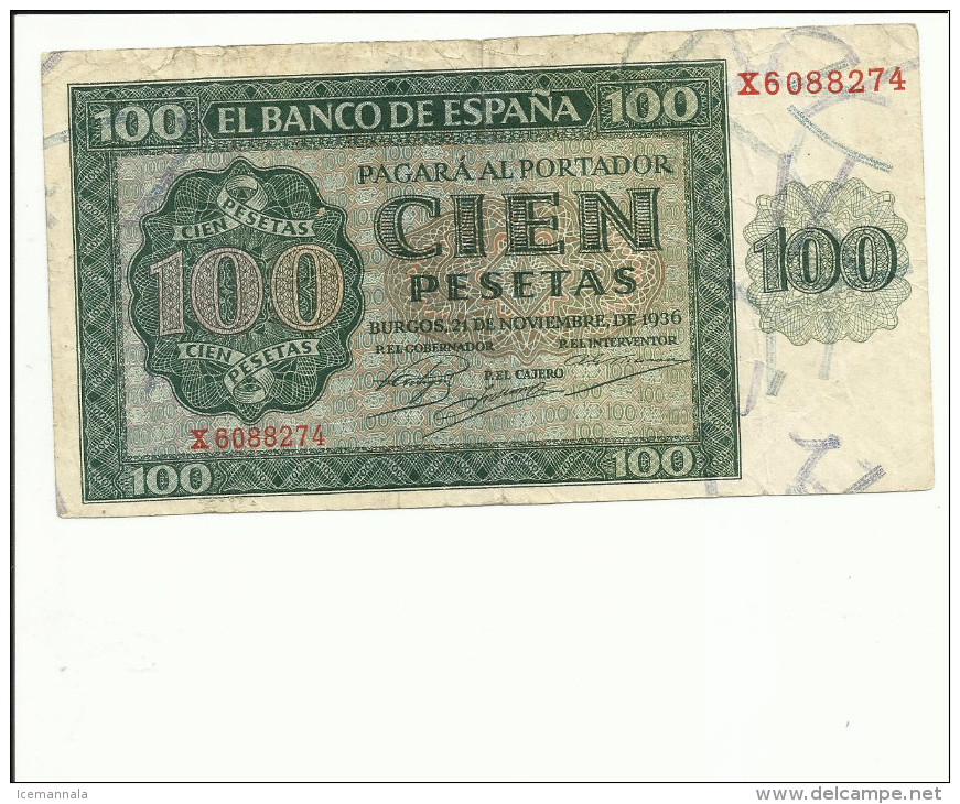 ESPAÑA    BILLETE  100 PESETAS,  EMISION  21/11/1936 - 100 Pesetas