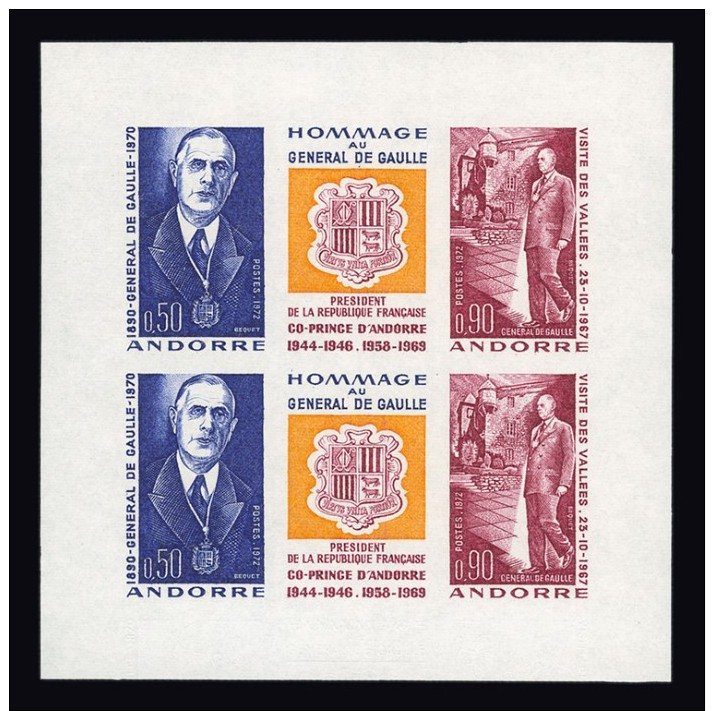 ANDORRE N° 225A ** Hommage Au Général De Gaulle. Petit Bloc Gommé Non Dentelé Avec 2 Triptyques. Cote Yv 310 €. TTB - Neufs