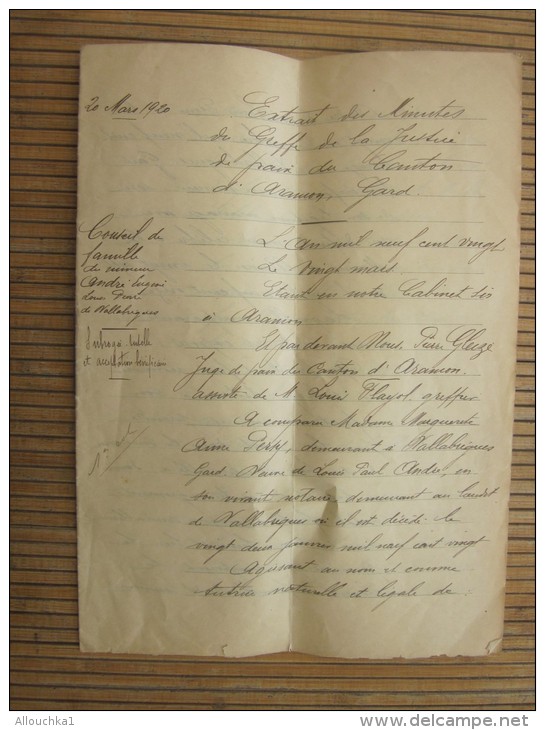 20 MARS 1920 IMINUTE GREFFE JUSTICE DE PAIX ARAMON GARD  CONSEIL DE FAMILLE VALLABREGUES  LIRE... - Manoscritti