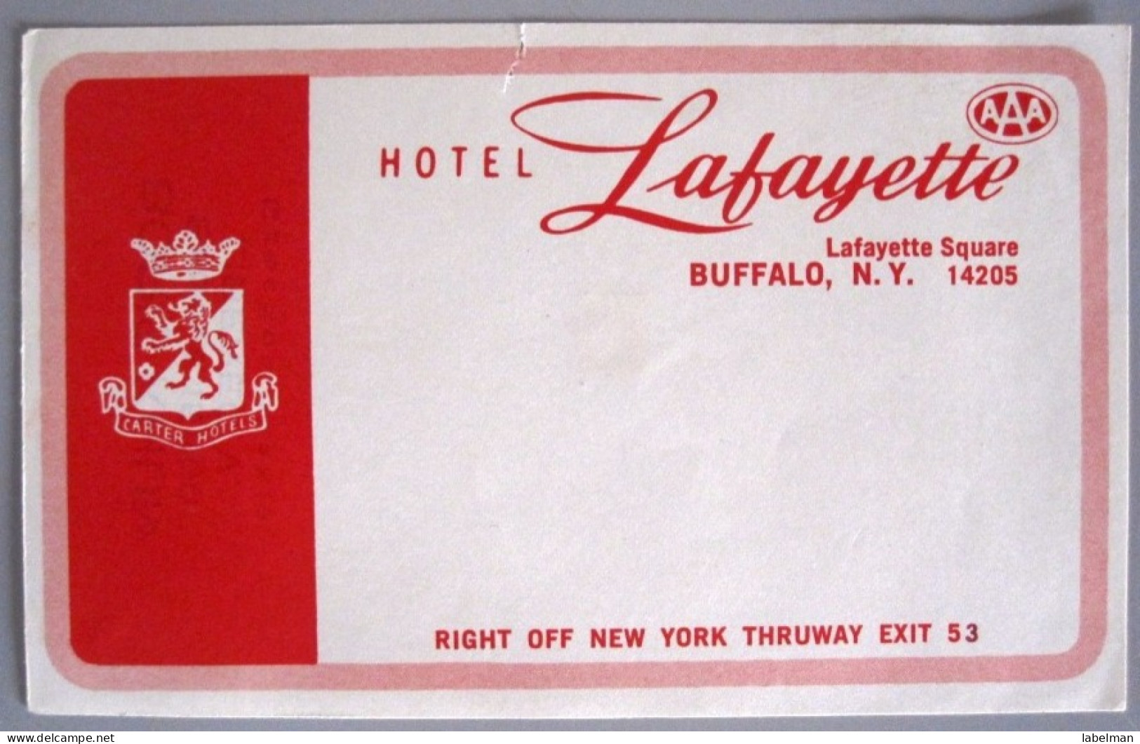 HOTEL MOTEL HOUSE MOTOR HOUSE LAFAYETTE BUFFALO NY UNITED STATES USA LUGGAGE LABEL ETIQUETTE AUFKLEBER DECAL STICKER - Hotel Labels