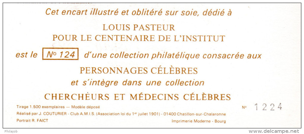 FRANCE 1987 : Encart 1er Jour N°té / Soie Rare (1224/1500) Edit° A.M.I.S. : " LOUIS PASTEUR " N° YT 2496. Parf état. FDC - Zonder Classificatie