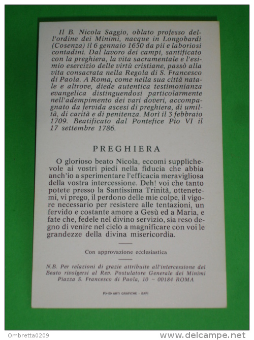 Beato NICOLA SAGGIO Da LONGOBARDI Cosenza Calabria - Regola Di S.Francesco Da Paola - Dipinto C.Musio  - Santino - Images Religieuses