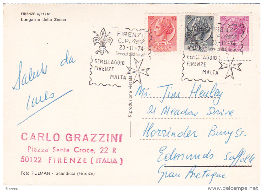 Italy 1974 Used Postcard, Coin 5,10,40 Lire Sent To Great Britain - 1971-80: Used