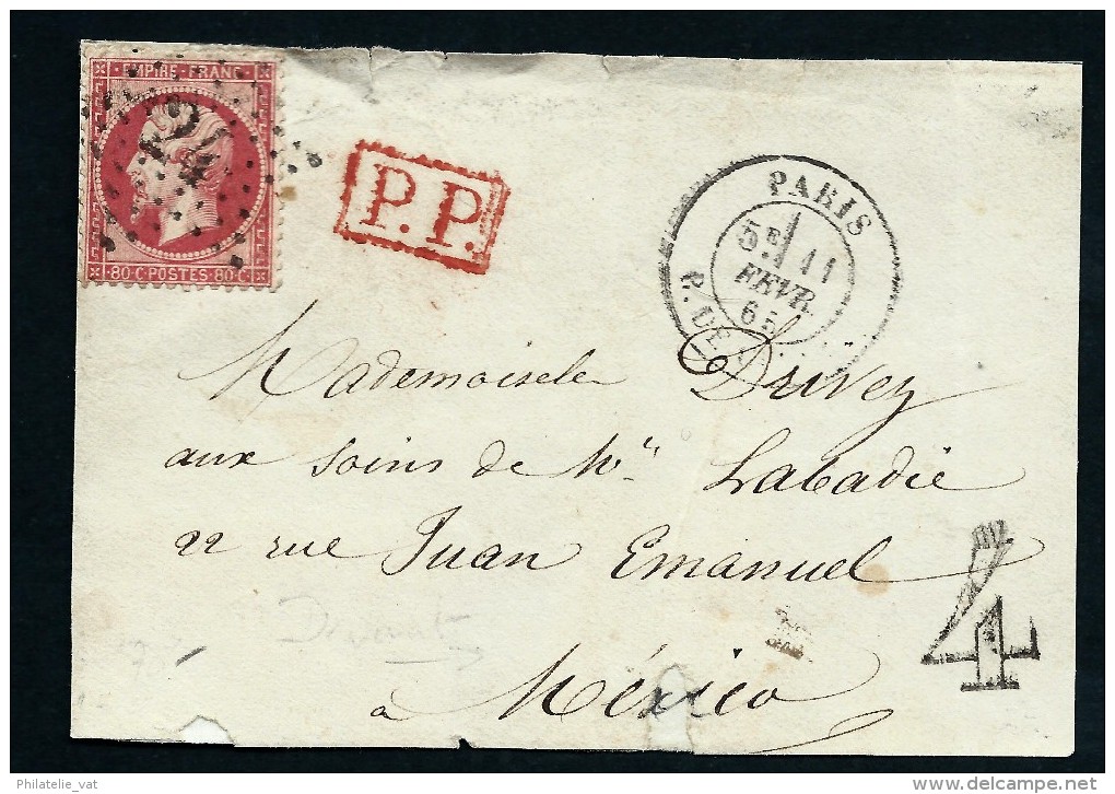 FRANCE- DEVANT DE  DENVELOPPE ( Restauree) DE PARIS POUR LE MEXIQUE  EN 1865 AFF NAPOLEON    TAXE 4  A VOIR LOT P3868 - 1849-1876: Classic Period