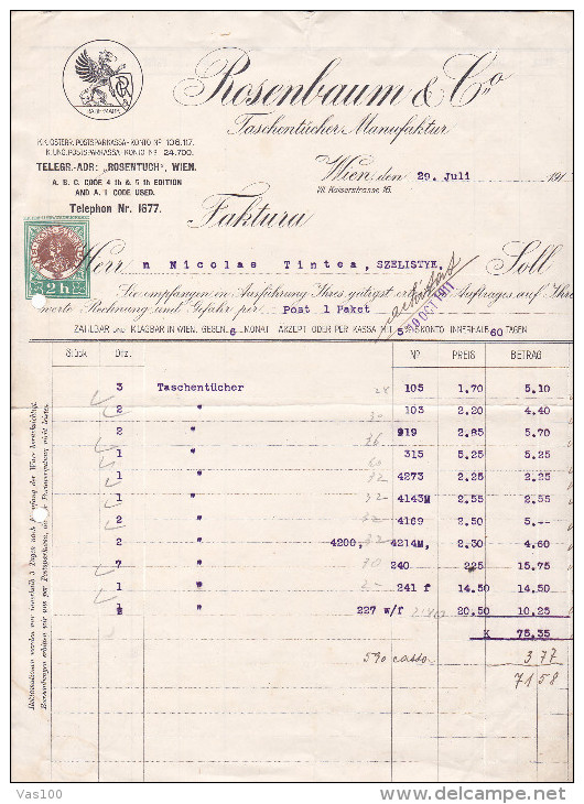 ROSENBAUM & CO,TASCHENTUCHER MANUFACTUR,1911,FAKTURA WIEN AUSTRIA.IMPRINTED POSTAGE 2h. - Austria