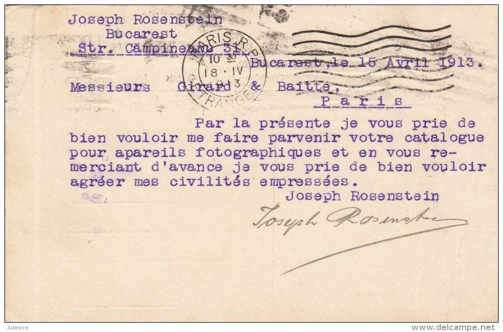 ROMANIA 1913 - 10 Bani Ganzsache Auf Pk Von Bucarest > Paris - Ganzsachen