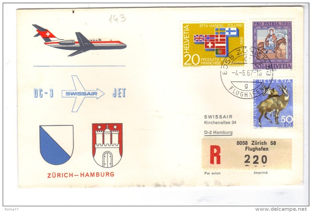 VOL143 - SVIZZERA 1967, Primo Volo Zurich Hamburg . Raccomandata - Premiers Vols