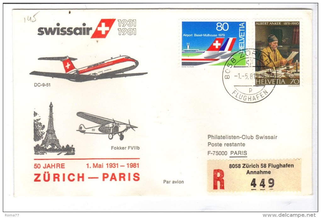 VOL145 - SVIZZERA 1981, Primo Volo Zurich Paris . Raccomandata - First Flight Covers