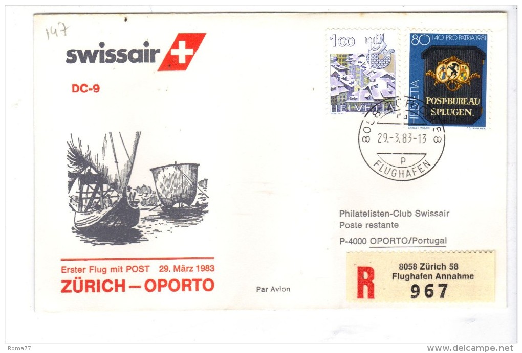 VOL147 - SVIZZERA 1983, Primo Volo Zurich Oporto . Raccomandata - Primi Voli