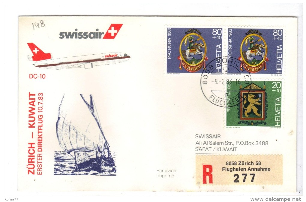 VOL148 - SVIZZERA 1983, Primo Volo Zurich Safat Kuwait . Raccomandata - Premiers Vols